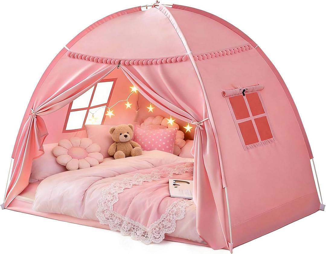 Bed Tent Twin Size for Girls & Boys - Indoor Privacy Toddler Sleeping Teepee with Blackout Design, Breathable Portable Bed Tent for Drafty Rooms, Cottage Floor Camping (Twin Pink)