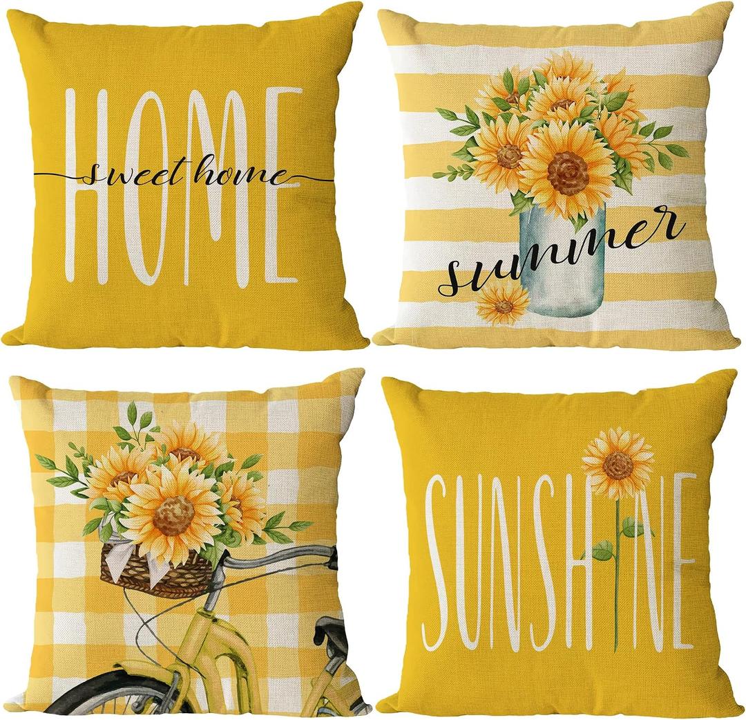YeeJu Set of 4 Sunflower Pillow Covers 16x16 Spring Summer Pillow Covers Yellow Floral Throw Pillow Covers Cushion Covers Square Pillow Cases for Couch Sofa Patio Outdoor Home Decorations(16 Inch)