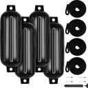VEITHI Large Boat Fenders 4 Pack 8.5 x 27 inch, Ribbed Twin Eyes Vinyl Boat Bumpers Fenders, Boat Bumpers for Docking Come with Ropes Needles and Pump to Inflate, Pontoon Boat Fenders for Docking - Black