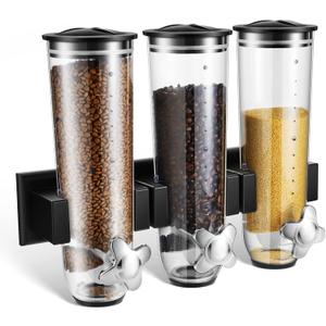 Umigy 1 Pcs Candy Dispenser Wall Mounted, Triple Dry Cereal Grain Dispenser Machine Wall Mount, Food Storage Container for Pantry Snack with 3 Cup for Kitchen, 39 oz (Black)
