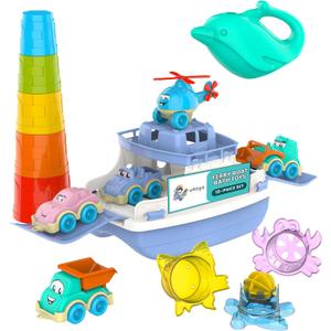 Ferry Fun & Friends  15pcs & Baby Bath Toys with Ferry Boats, Cars for Bathtub, Trucks, Helicopter, Stacking Cups & Toy Animals, Toddler Bath Toys for 1 Year Old, Toddler Pool Boat Baby Toy