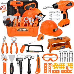 Realistic Kids Drill Tool Set with 48PCS Tools & Sound Effects, Portable Construction Toy for Toddlers Ages 3+ with Safety Gear, STEM Learning Pretend Play for Family Bonding Activities