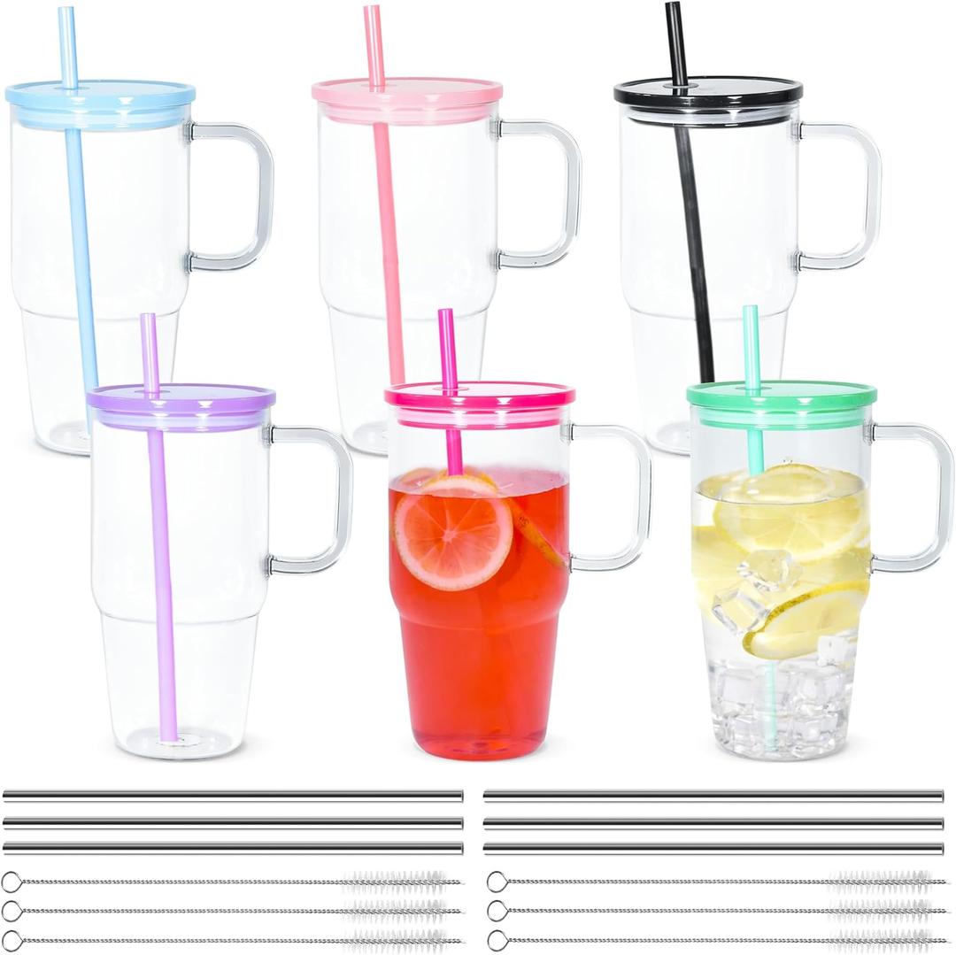 6Pcs 20oz Acrylic Tumbler with Handle, Plastic Cups with Lids and Straw, Iced Coffee Cup with Mix Color Lids for Cold Drinks, Coffee, Soda, Tea, Milk, Juice (6Pack)