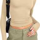 Trendy Queen Womens Long Sleeve Shirts Fall Fashion 2025 Basic Crop Tops Going Out Workout Outfits Y2k Clothes (Medium, Khaki)