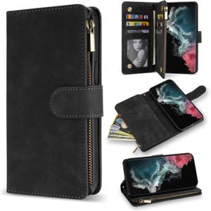 ZZXX for Samsung Galaxy S22 Ultra Case Wallet with Card Slot Premium Soft PU Leather Zipper Flip Folio with Wrist Strap Kickstand Protective Cover for Samsung S22 Ultra Wallet Case(Black-6.8 inch)