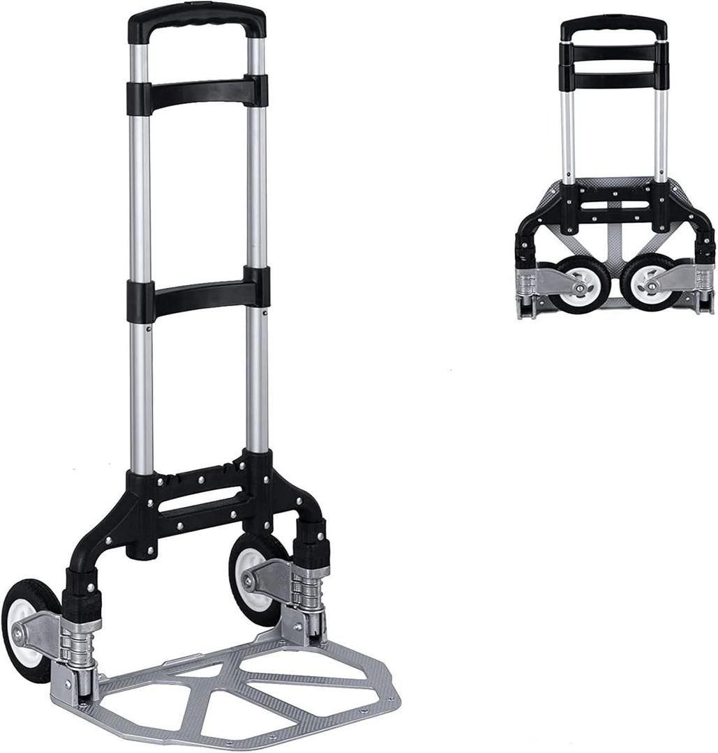 Folding Hand Truck Dolly Aluminum Foldable Hand Trolley Luggage Cart Max 175lbs Capacity Dolly Cart, with Telescoping Handle and Rubber Wheels, Double Bearings