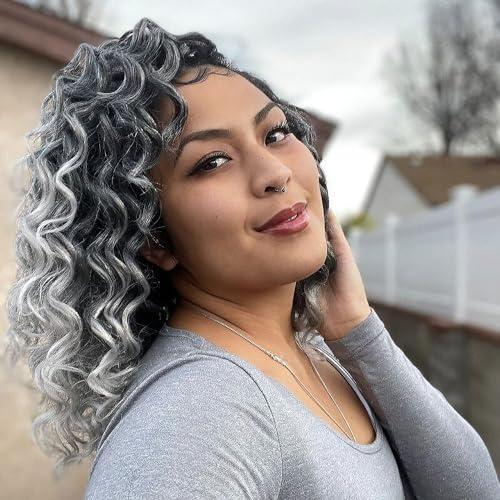ToyoTree Ocean Wave Crochet Hair - 16 Inch 8 Packs Ombre Gray Mid-Length Curly Deep Wave Crochet Hair, Synthetic Ocean Wave Braiding Hair Extensions (16 Inch,T-Gray-8P)