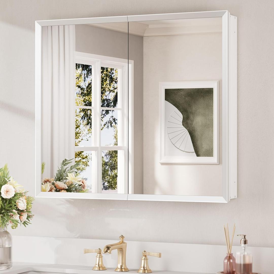 Keonjinn Medicine Cabinet Mirror 30" x 26", Assembly Needed, White Bathroom Mirror with Storage, Beveled Aluminum Frame, Stepless Adjustable Shelves, Surface Mount or in Wall