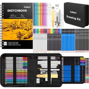 Caliart 176PCS Art Supplies Sketching Kit with 100 Sheets 3-Color Sketch Book, Graphite Colored Charcoal Watercolor & Metallic Pencils, Drawing Set Christmas Gifts for Adults Teens Girls Boys Kids (Black)