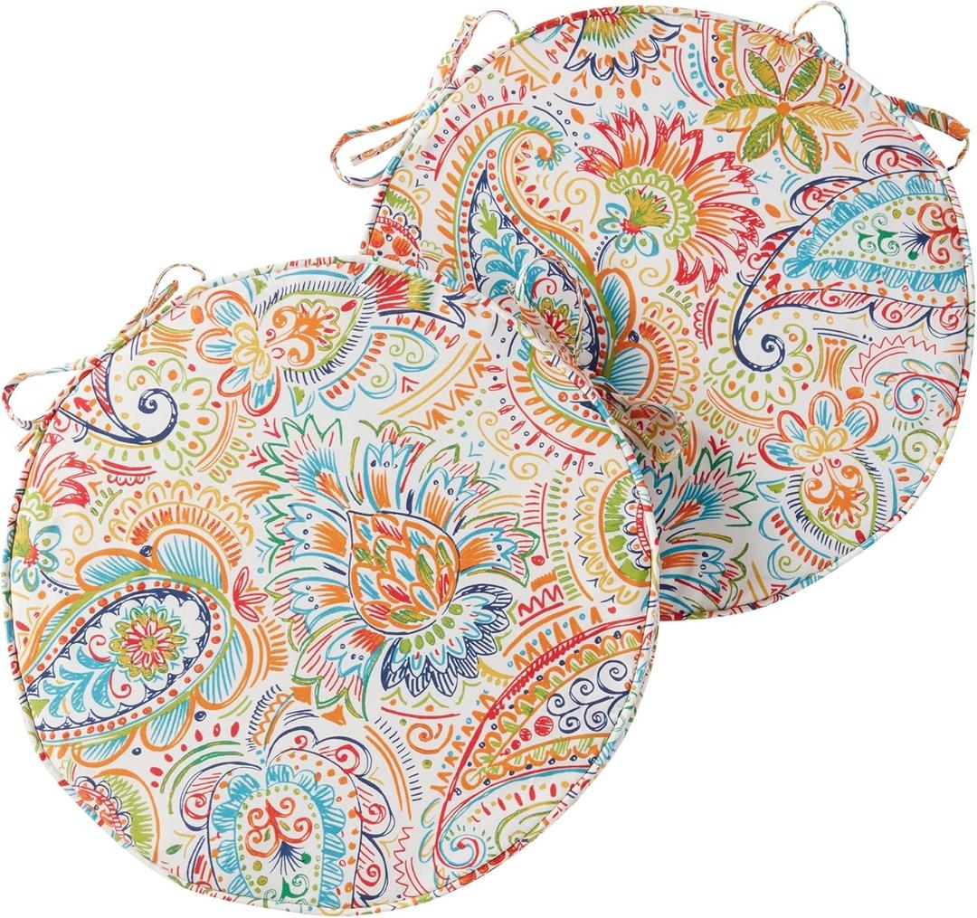 Set of 2 Outdoor 18 inch Round Patio Dining Chair Pads  Comfortable Fiber-Filled Seat Cushions with Ties, Reversible Polyester Fabric - Jamboree Paisley