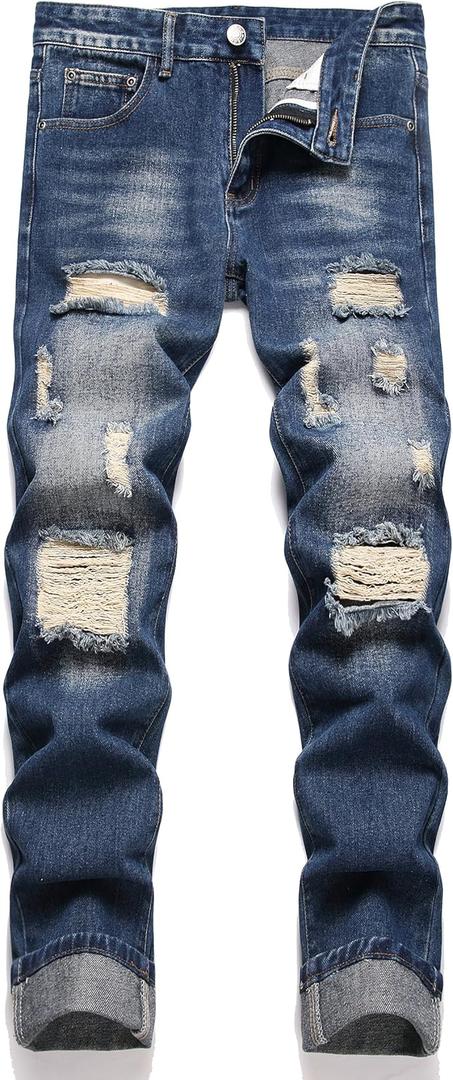 OIIIO Men's Ripped Slim Fit Straight Leg Jean Denim Pant, Size 38