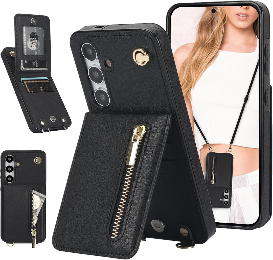 for Samsung Galaxy S24 Case with Card Holder, [Kickstand Function] PU Leather Zipper Crossbody Wallet Case with Lanyard Strap for Galaxy S24, Black