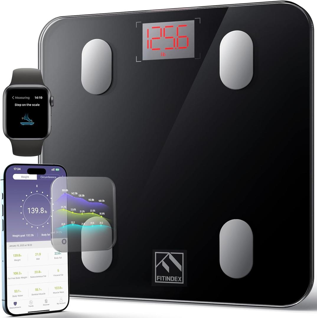 FITINDEX Smart Scale for Body Weight, Scale with BMI, Body Fat, Muscle Mass, Digital, Bathroom, Weighing, Bluetooth, Body Composition Monitor Health Analyzer with App, FSA HSA Eligible, 400lb, Black (10.2"/260mm)