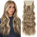 KooKaStyle Clip in Hair Extensions Long Wavy 4PCS Thick Hairpieces Synthetic Ash Blonde Balayage Fiber Double Weft Natural Hair Extensions for Women 24 Inch Daily Use