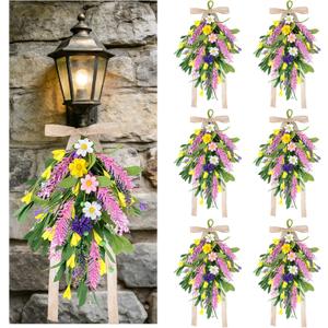 6 PCS Spring Summer Teardrop Swag with Bow Artificial Wildflower Sconce Lighting Swag Wreath Lavender Daisy Wisteria Candlestick Wreath Green Eucalyptus Floral Swag for Wall Cabinet Chandelier Decor