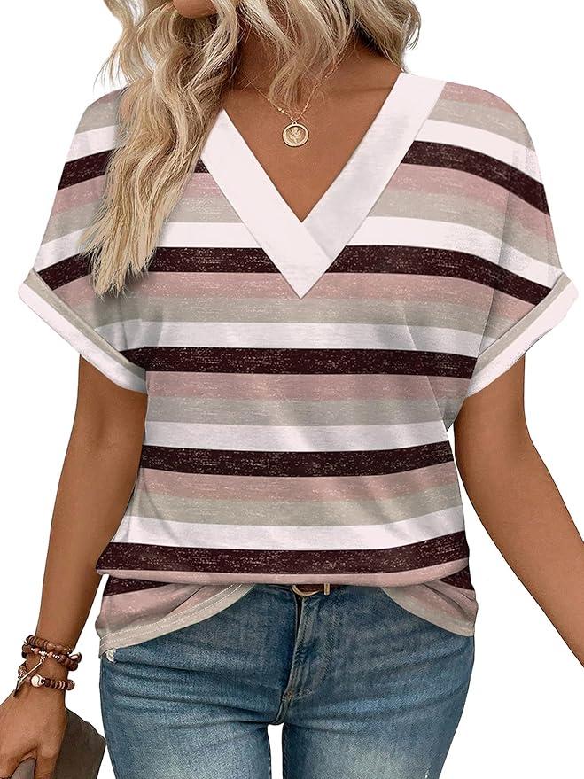 WIHOLL Womens Summer Tops Short Dolman Sleeve Shirts 2025 Fashion V Neck Outfits Clothes (XX-Large, 3-black Stripes)