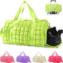 Quilted Gym Duffle for Women - Travel Bag with Shoes Compartment, Puffer Weekender Overnight Carry On with Trolley Sleeve - Personal Item Sports Dance Bag (Light Green) (Medium)