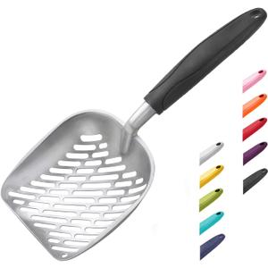 WePet Cat Litter Scoop, Aluminum Alloy Sifter, Kitty Metal Scooper, Deep Shovel with Diagonal Sifting Hole, Long Handle, Kitten Poop Lifter for Litter Box, Large Size, Black Handle