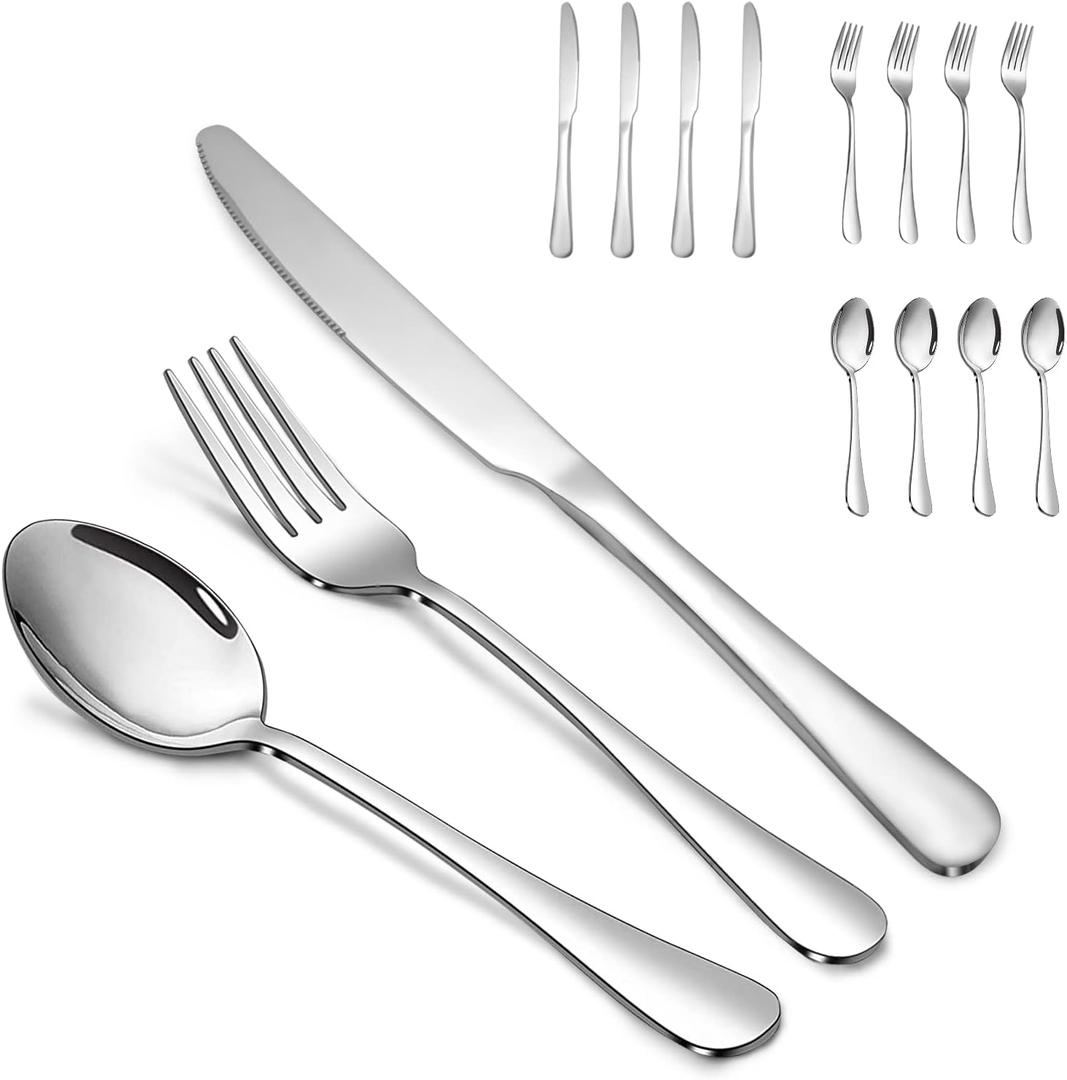 Silverware Set,SANTUO Stainless Steel Knives Spoon Forks Set for Home, Kitchen and Restaurant, Mirror Polished& Dishwasher Safe (12pcs-Silverware set) (7.3"Fork+7.3"Spoon+Kinfe)