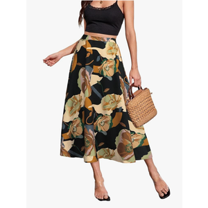 POPZONE Women's Midi Skirts Boho Fall Summer Flowy Elastic High Waist Floral Below The Knee Long Skirts for Women Size M