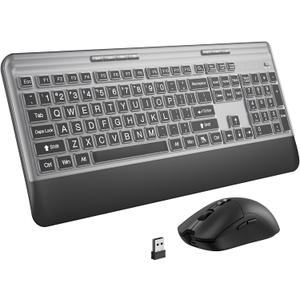 KOPJIPPOM Silent Wireless Keyboard and Mouse Combo - Keyboard with Large Print Cover, 2.4GHz Full-Sized Ergonomic Keyboard with Wrist Rest and Mouse for Laptop, PC, Notebook, Desktop (Black)