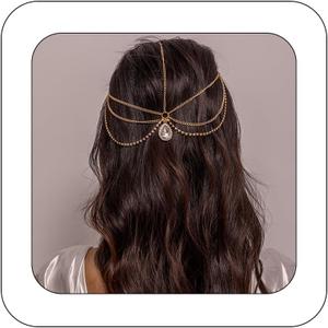 Bethynas Boho Rhinestone Water-drop Head Chain Crystal Drop Pendant Forehead Headpiece Bridal Wedding Prom Hair Accessories for Women Girls