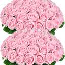50 Pcs Pink Roses Artificial Flowers, Real Touch Velvet Roses Bouquet Fake Flowers Bulk, Artificial Roses with Long Stems for Birthday Gift Women Mom DIY Bridal Wedding Centerpiece Decorations