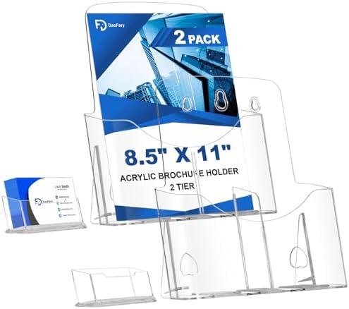 2 Pack Acrylic Brochure Holder 8.5 x 11 in with Business Card Holder, 1-Tier Brochure Display Stand with Removable Divider for 4 x 9 Inches Trifold Pamphlets, Clear Flyer Holde