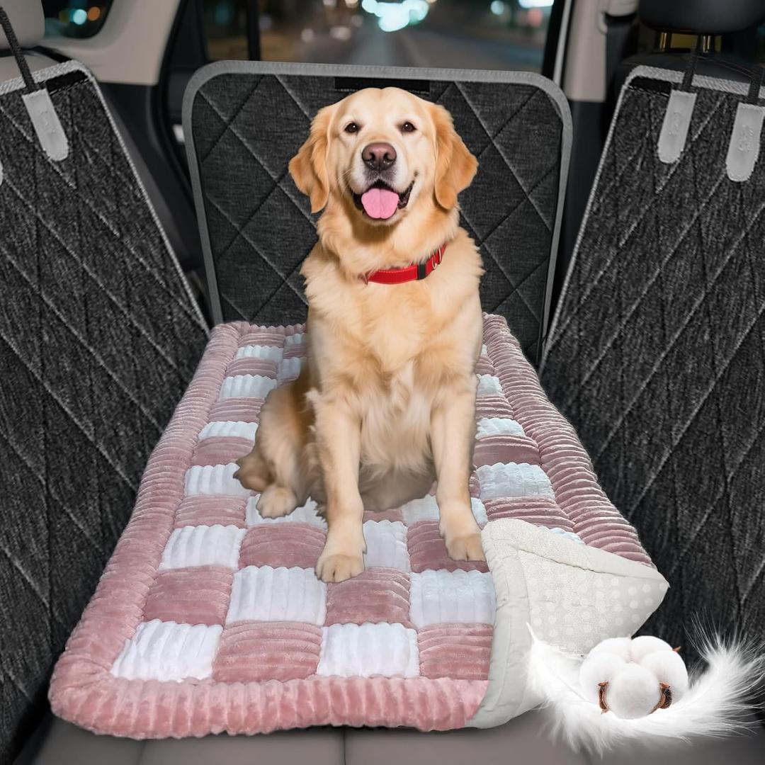 Thickened Dog Bed for Car Back Seat, Upgraded Bottom Non-Slip, Fits Hard Bottom car seat Cover for Dogs, Premium Mixed Color, Dog Car Seat Cover (Pink-White)