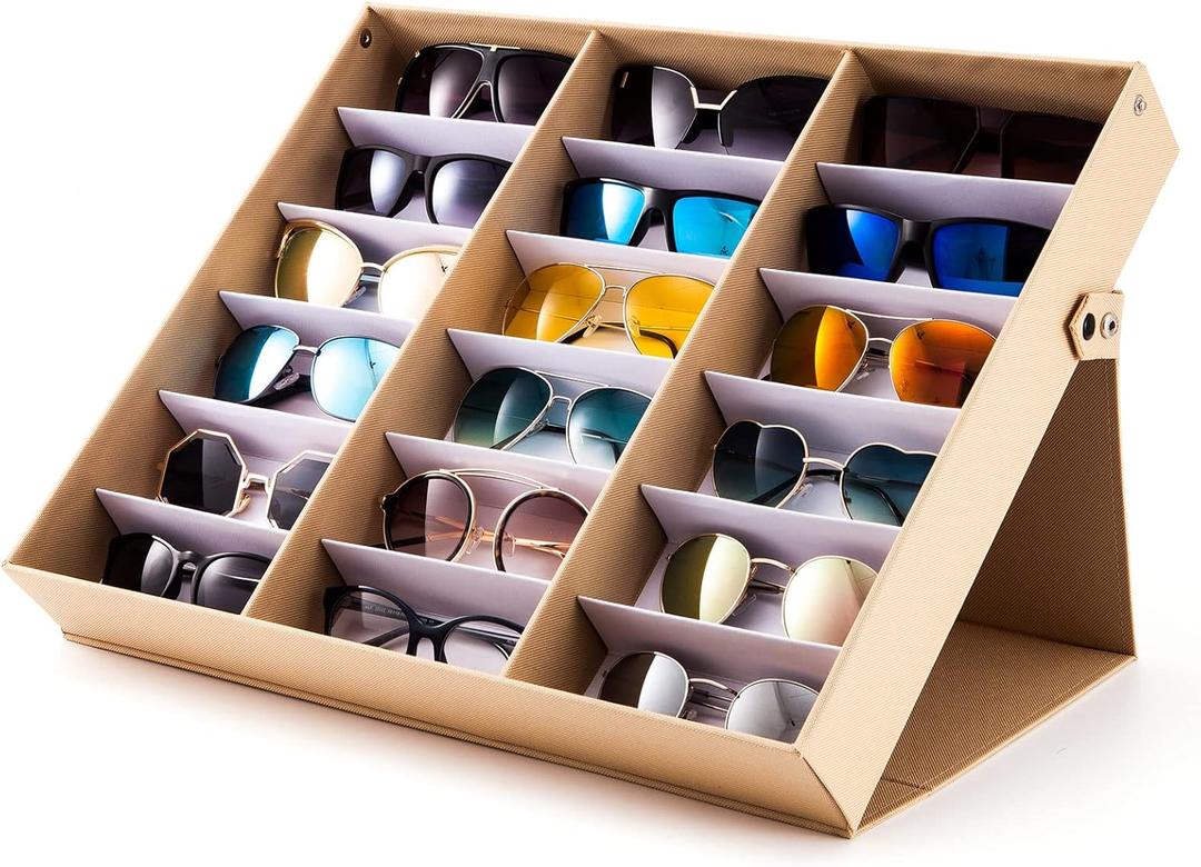 TRIUMPH VISION Sunglasses Organizer Storage Eyeglasses Holder - Multiple Glasses Case Box Eyewear Case with Lid, Beige 