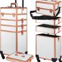 Rolling Makeup Case, Makeup Train Case with Lid, 5 in 1 Cosmetology Case on Wheels, Christmas Gift, Large Makeup Organizers, Profesional Cosmetic Case for Salon Barber, White Gold