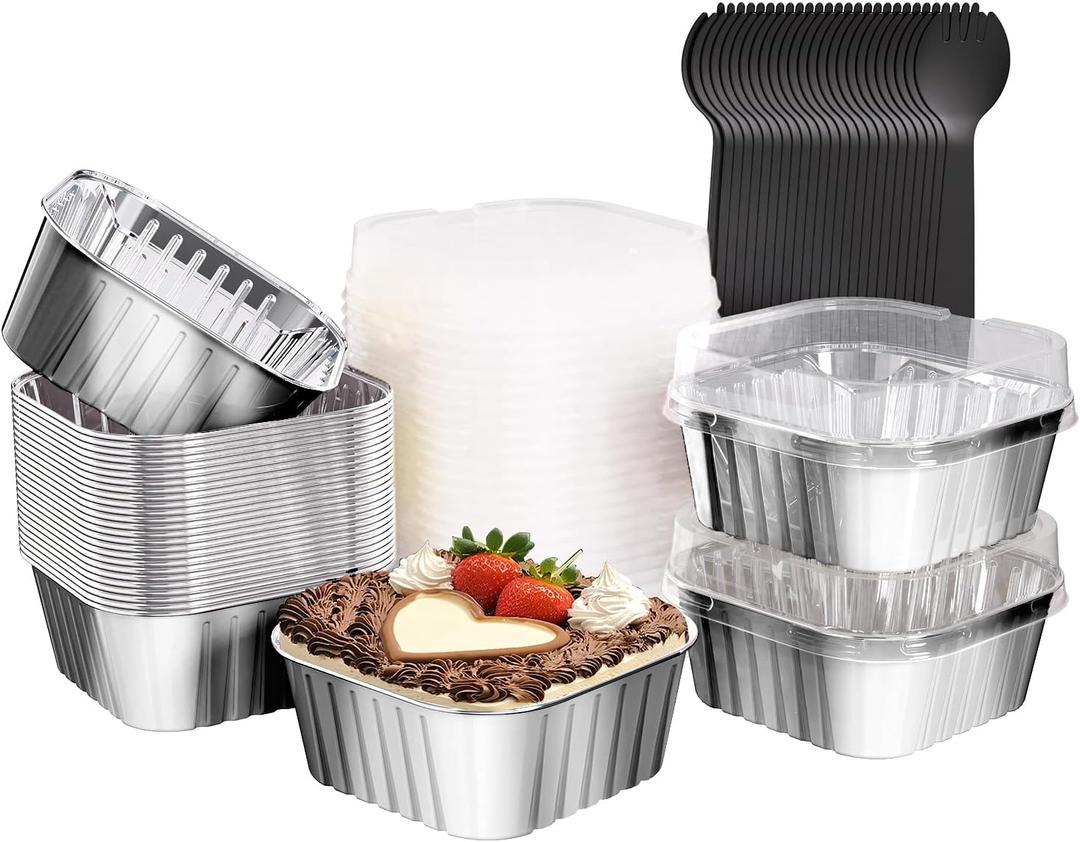25 Pack Square Mini Cake Pans with Lids,Mini Loaf Pans with Lids,Aluminum Foil Baking Cups,Disposable Ramekins Cupcake Cups,Dessert Cups for Wedding Birthday Party Picnics,5oz (Silver)