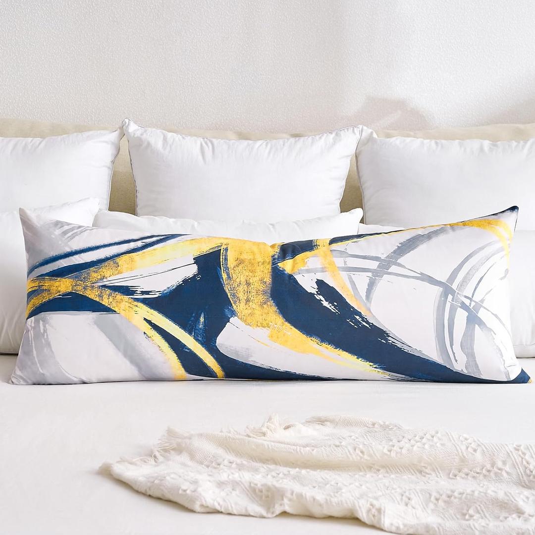 Lumbar Pillow Cover 14x36 for Bed Decor Blue Body Pillowscase Navy Blue and Yellow Abstract Striped Decorative Cushion Covers for Farmhouse Sofa Couch Bed Living Room Boho Modern Decoration Pack of 1
