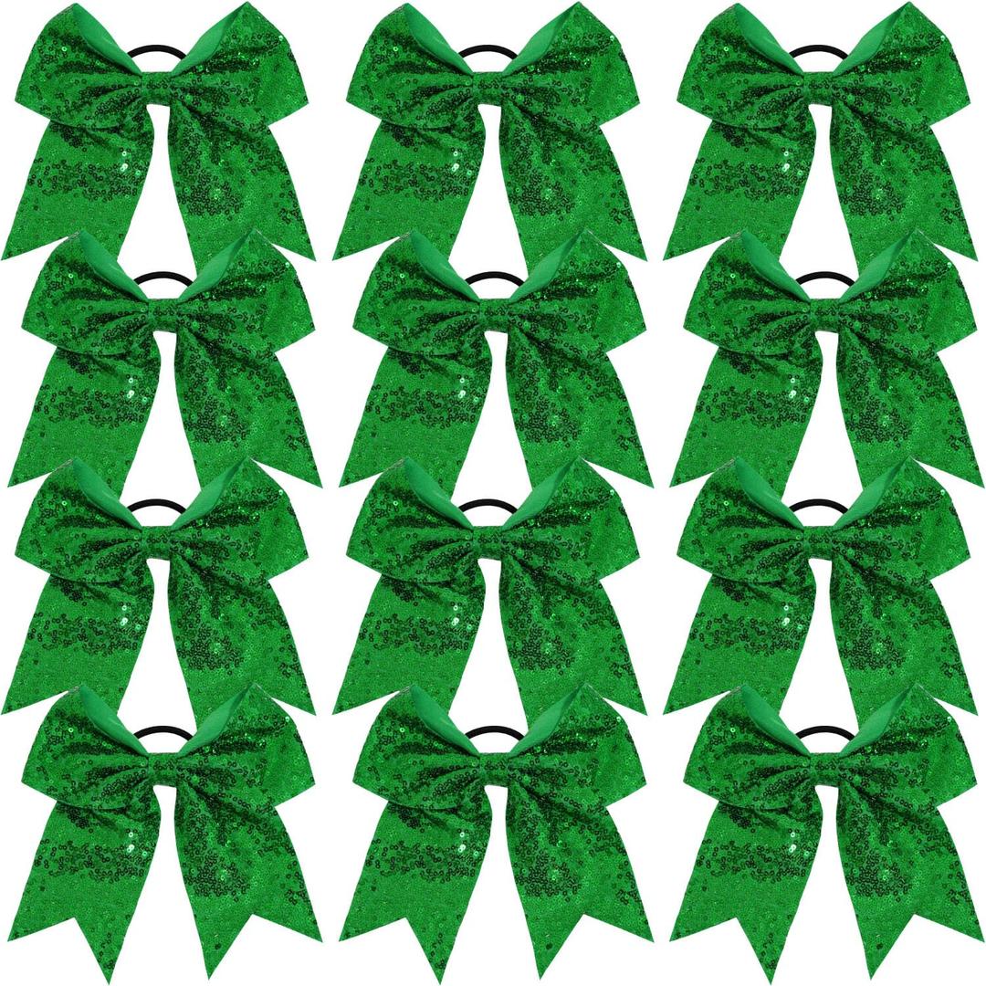 12 Pcs Large Glitter Cheer Bows (Green) - 8" Big Hair Bows for Sports Cheerleaders Accessories, Girls, Teens Women, 12 Count