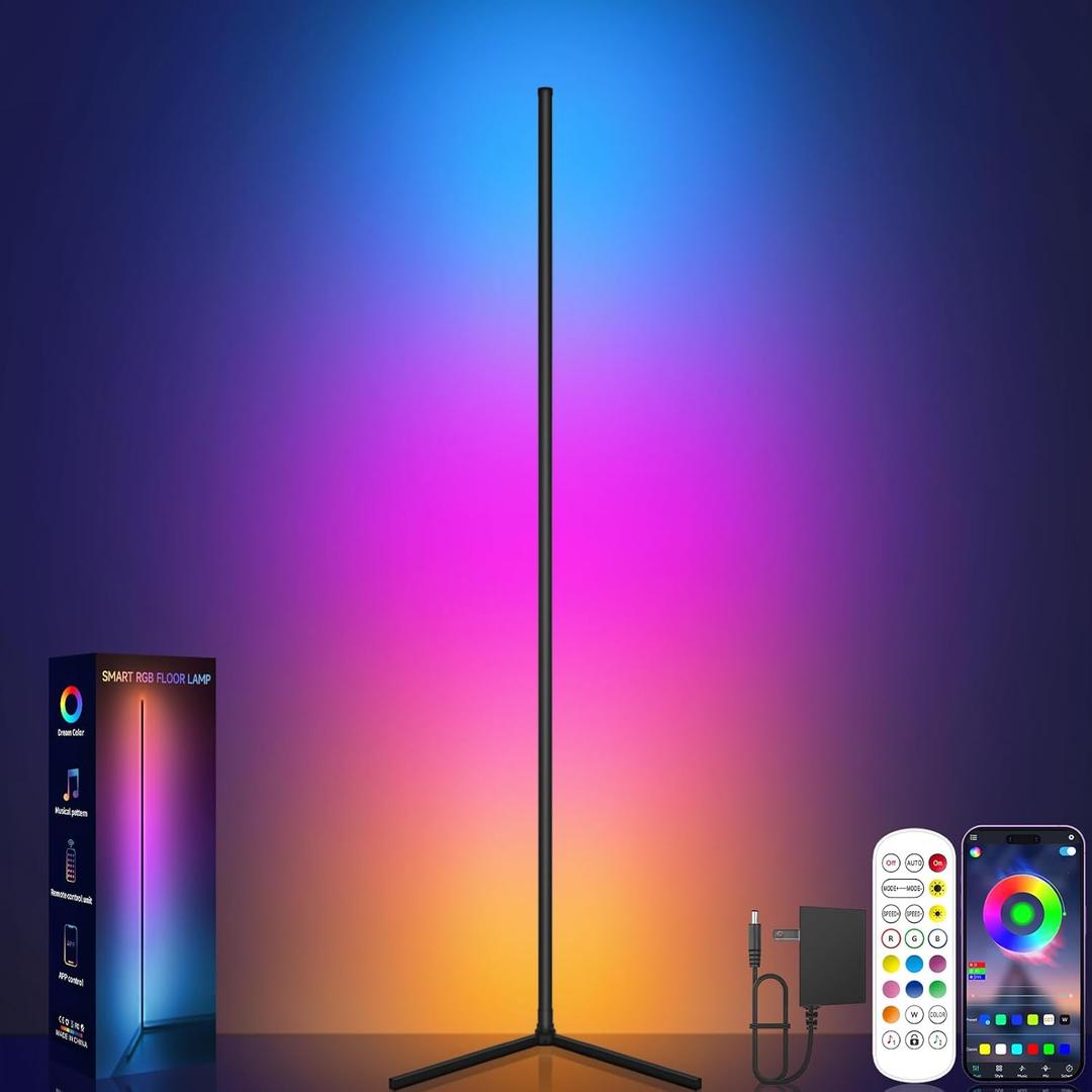 Corner Floor Lamp, RGB LED Corner Lamp with Music Sync, Smart App and Remote Control Color Changing Ambience Light, LED Lamp with 16 Led Colors for Bedroom, Living Room Gaming Room 4'6ft