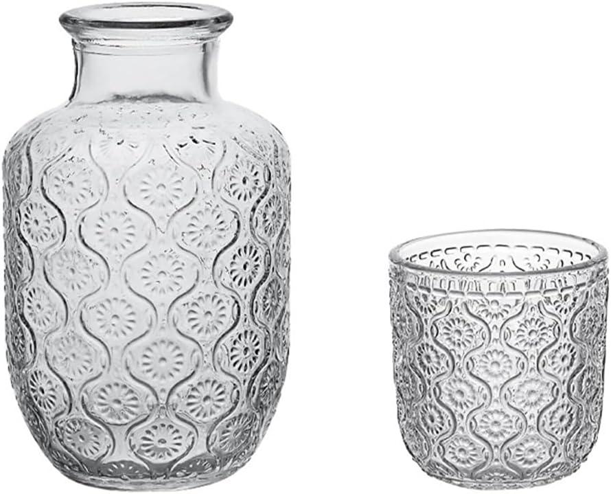 Vintage Bedside Water Carafe and Glass Set, 18.5 OZ Glass Pitcher and 5 OZ Cup, Bedside Night Water Carafe Set with Tumbler Glass, Clear Glass Water Pitcher with Lid for Bedroom Nightstand (Clear)