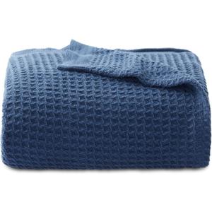 Bedsure 100% Cotton Blanket Twin XL Size for College Dorm - Breathable and Soft, Waffle Weave Twin Blanket for Summer, Dorm Room Essentials, Navy, 66x90 inches