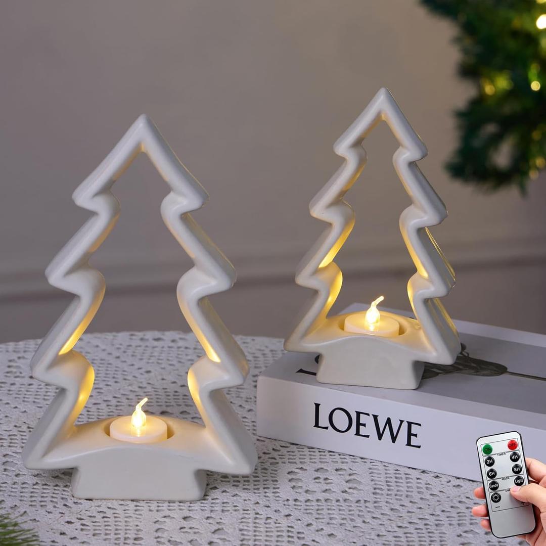 2 Pcs White Ceramic Christmas Tree with LED Tea Lights & Remote Control, Farmhouse Tabletop Christmas Decorations Indoor for Mantle, Fireplace, Shelf Winter Holiday Home Decor (9.5" H & 7.5" H)