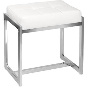 Vanity Stool, Vanity Chair Stools for Makeup Room, Faux Leather Small Makeup Bench, Modern Silver Metal Legs Ottoman Foot Rest for Bedroom Living Room, White & Silver