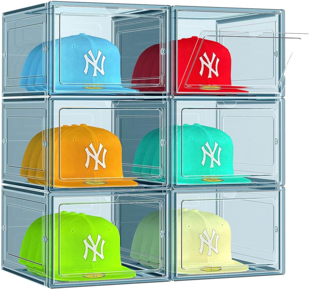 6 Pack Hat Organizer Box, Stackable Clear Baseball Caps Holder Box Containers with Magnetic Door for Hats Snapback Cap Storag, Hat Rack Display Case, Holds 8 Hats Each (Blue)