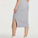 Real Essentials 3 Pack: Women's Midi Ribbed Knit Skirt with Side Slit - Stretchy Work Business Casual Pencil Pull-On Skirts (M)