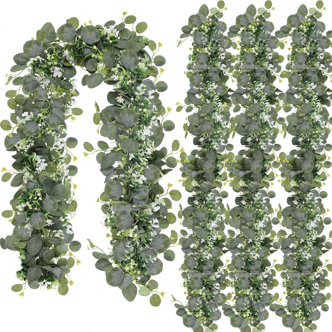 N&T NIETING 4 Pack Artificial Eucalyptus Leaf Garland, Faux Greenery Garland Decor 6 FT Summer Garlands, Fake Hanging Vines Garlands for Wedding Decoration Table Mantle
