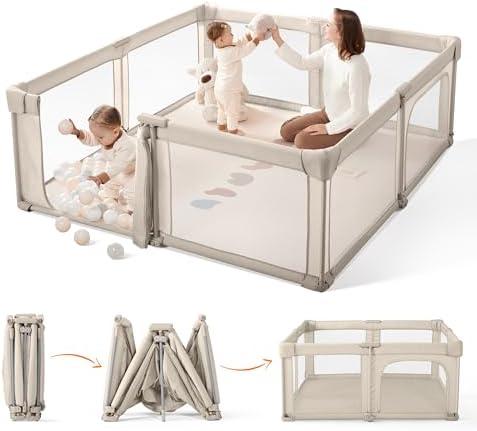 Sweeby Baby Playpen, 59x59 Inch Gate Foldable for Babies and Toddlers, Extra Large with Door Play Yard for Fence Indoor and Outdoor, Light Khaki
