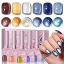 Cat Eye Gel Nail Polish Set, 6 Colors 12ML - 9D Glassy Holographic Glitter, Magnetic Nail Art Kit with Magnet, Soak off UV LED Gel for DIY Home Salon Manicure Gift for Women