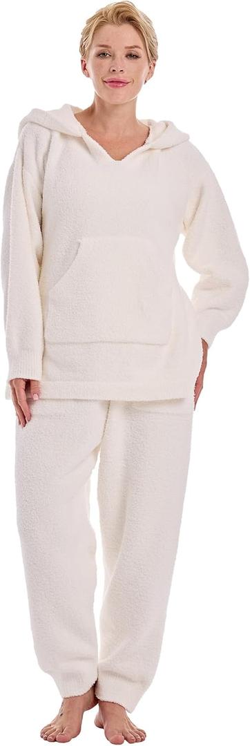 Womens Fleece Pajamas Sets 2 Piece Sherpa Pajama Long Sleeve Softies Loungewear Set Fuzzy Flannel For Women Hooded (White, M)