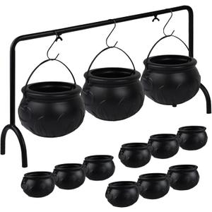 12 PCS Cauldron Halloween Decor, Large and Mini Black Plastic Hanging Cauldrons Serving Set, Spooky Witches Cauldron Desserts Candy Serving Bowls for Table Indoor Home Hocus Pocus Party Decorations