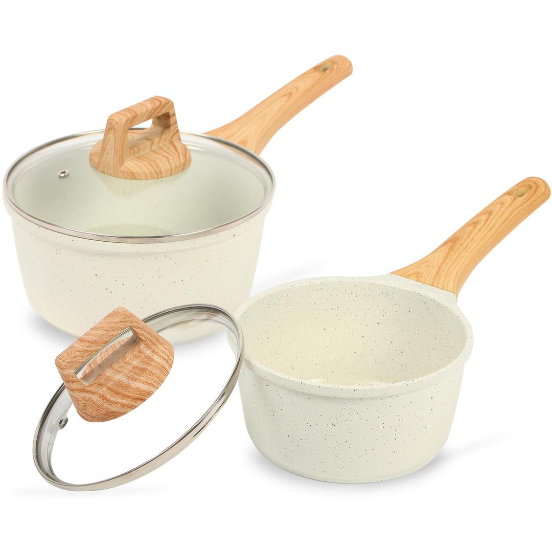 ESLITE LIFE 1.5 QT & 2.5 QT Sauce Pan Set with Lids, Nonstick Small Soup Pot Compatible with All Stovetops (Gas, Electric & Induction), PFOA Free, Cream