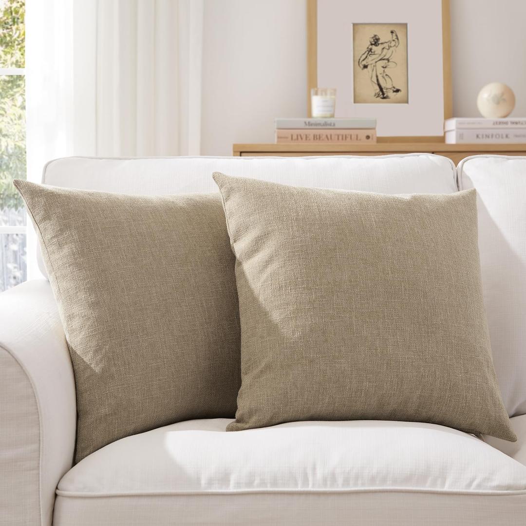 Meekio Set of 2 Deep Khaki Pillow Covers 18 x 18 Inch Farmhouse Boho Decorative Throw Pillow Covers Linen Cushion Covers for Sofa Couch Dcor