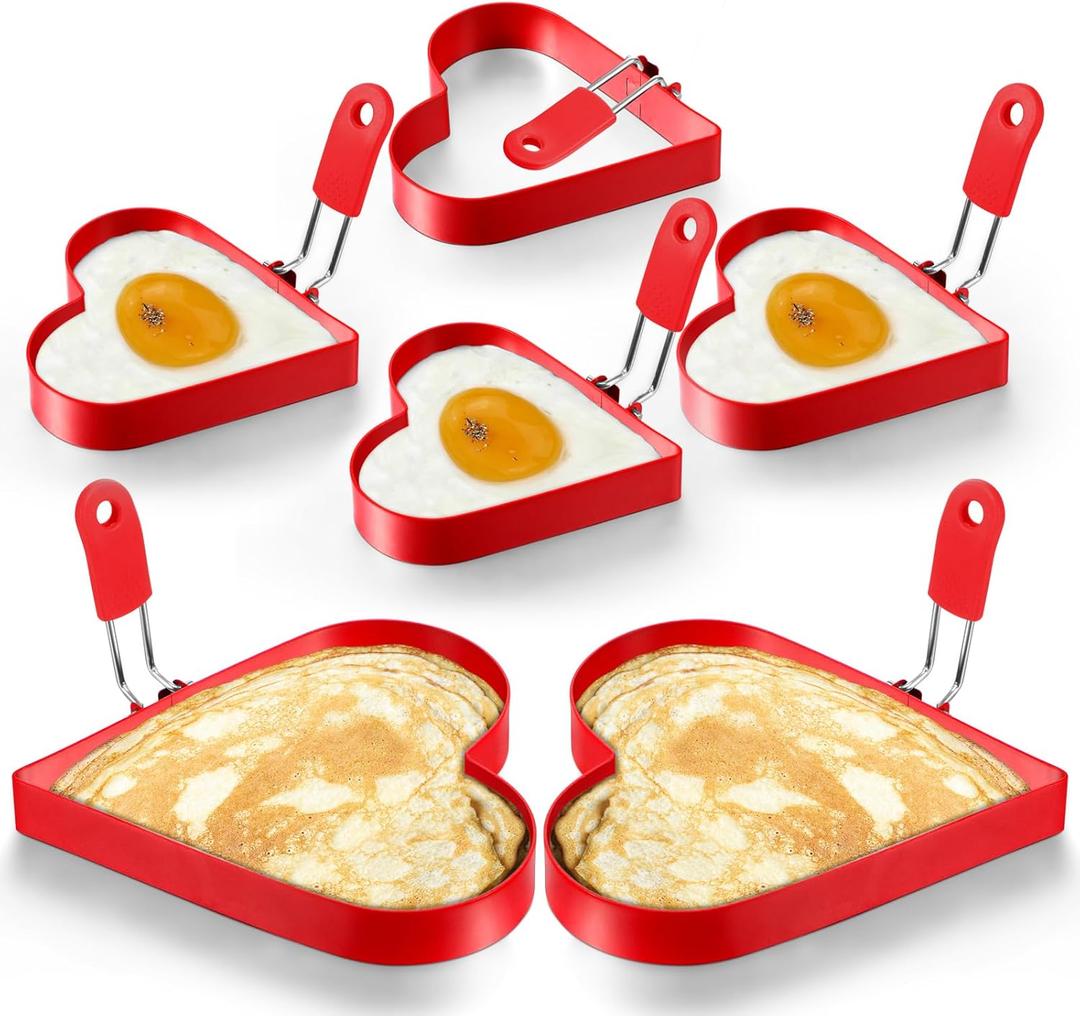 Patelai 6 Pcs Heart Pancake Mold Fried Hearts Shape Fried Egg Ring Set Stainless Steel Pancake Molds with Silicone Handle for Mothers Day Gift Breakfast Omelette Sandwich(Heart Style,4 Inch, 6 Inch)