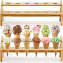 Peohud 2 Pack Bamboo Ice Cream Cone Holder, 12 Holes Waffle Cone Stand, 2 Tier Sushi Hand Roll Popcorn Display Rack for Wedding, Birthday, Buffet, Food Truck